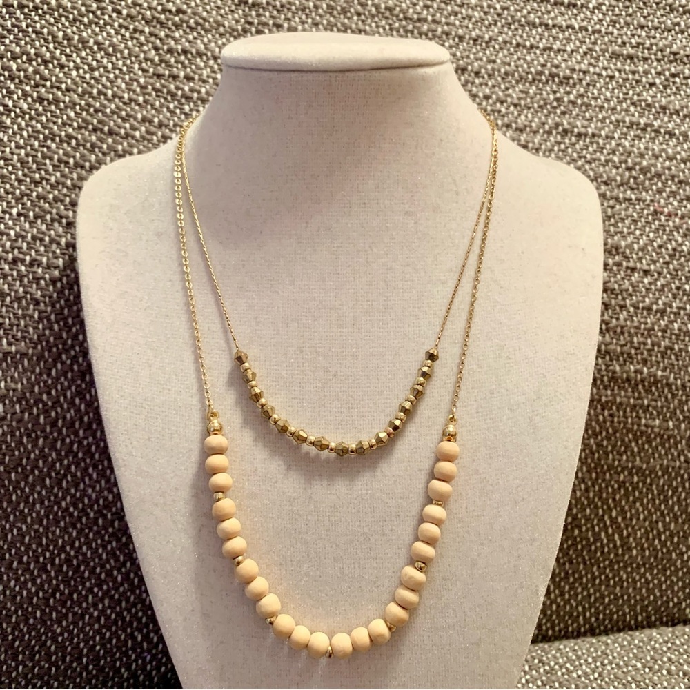 Gold Tone Boho Wooden Bead Layered Necklace Bohemian Beachy Boho Gypsy